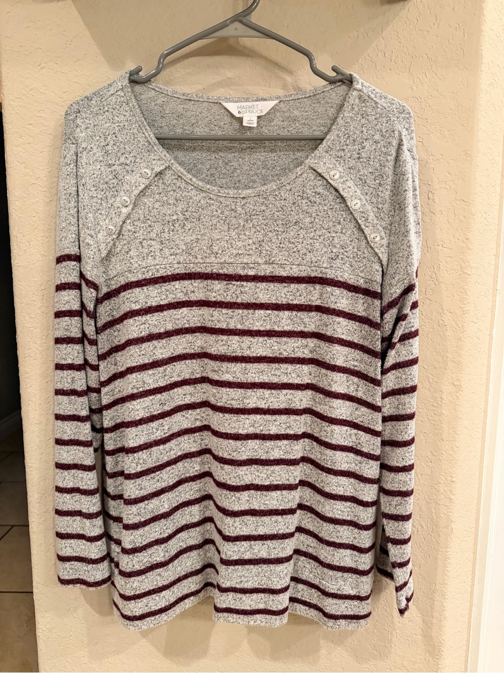 Market & Spruce Gray and Burgundy Striped Button-Shoulder Sweater